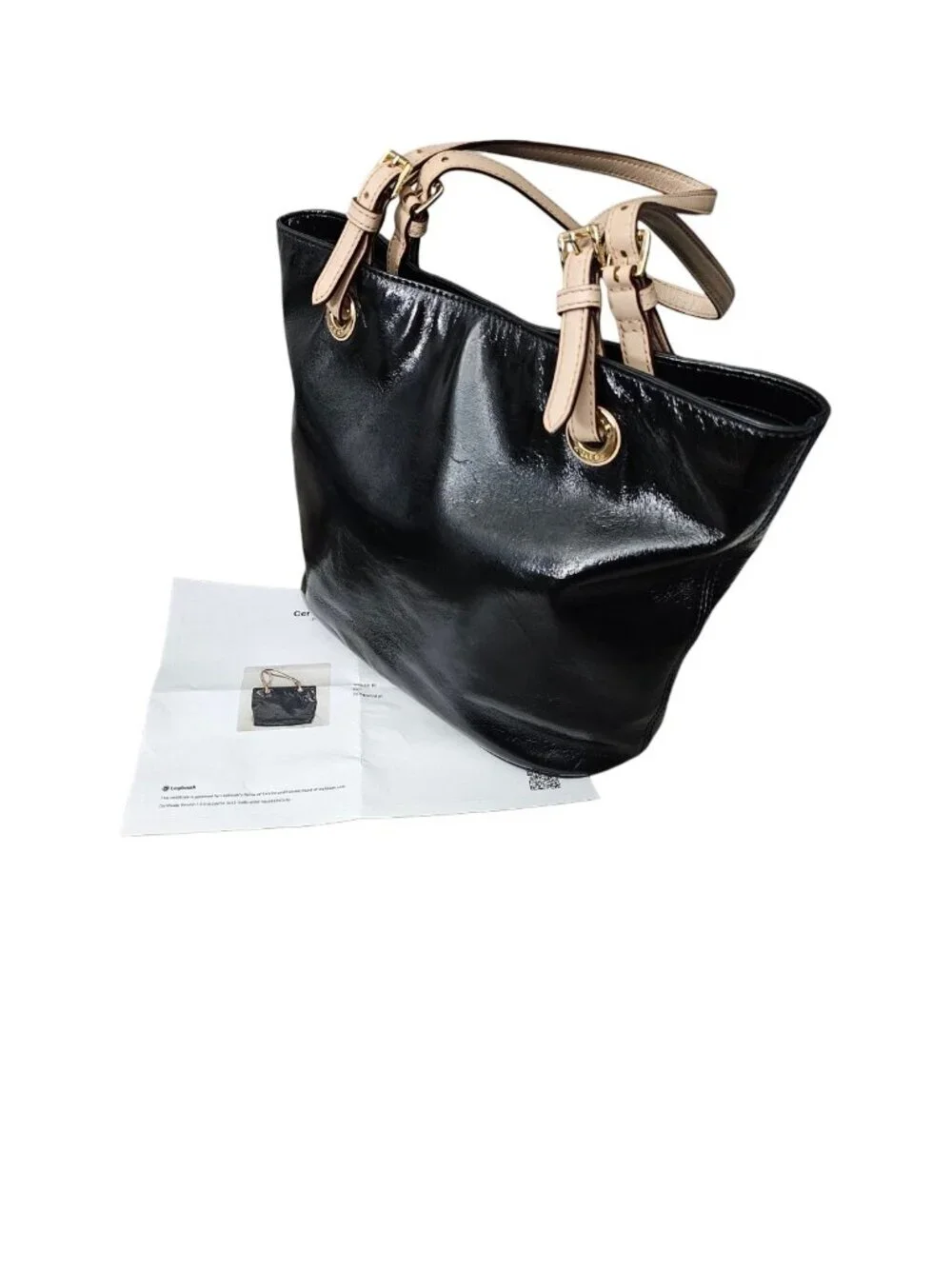Michael Michael Kors Patent Leather Tote Buckle Shoulder Bag COA Black Tan